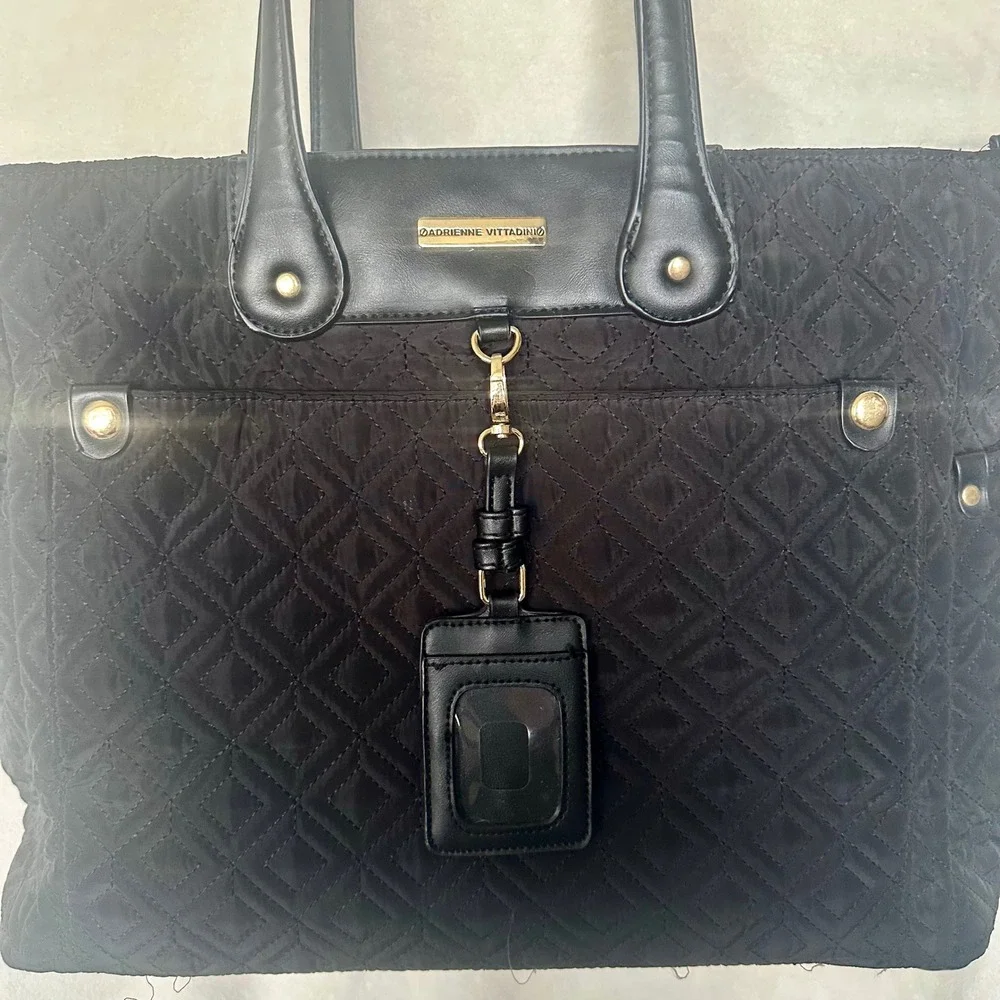 Adrienne Vittadini Black Quilted Work Laptop Tote Bag Organization Pockets